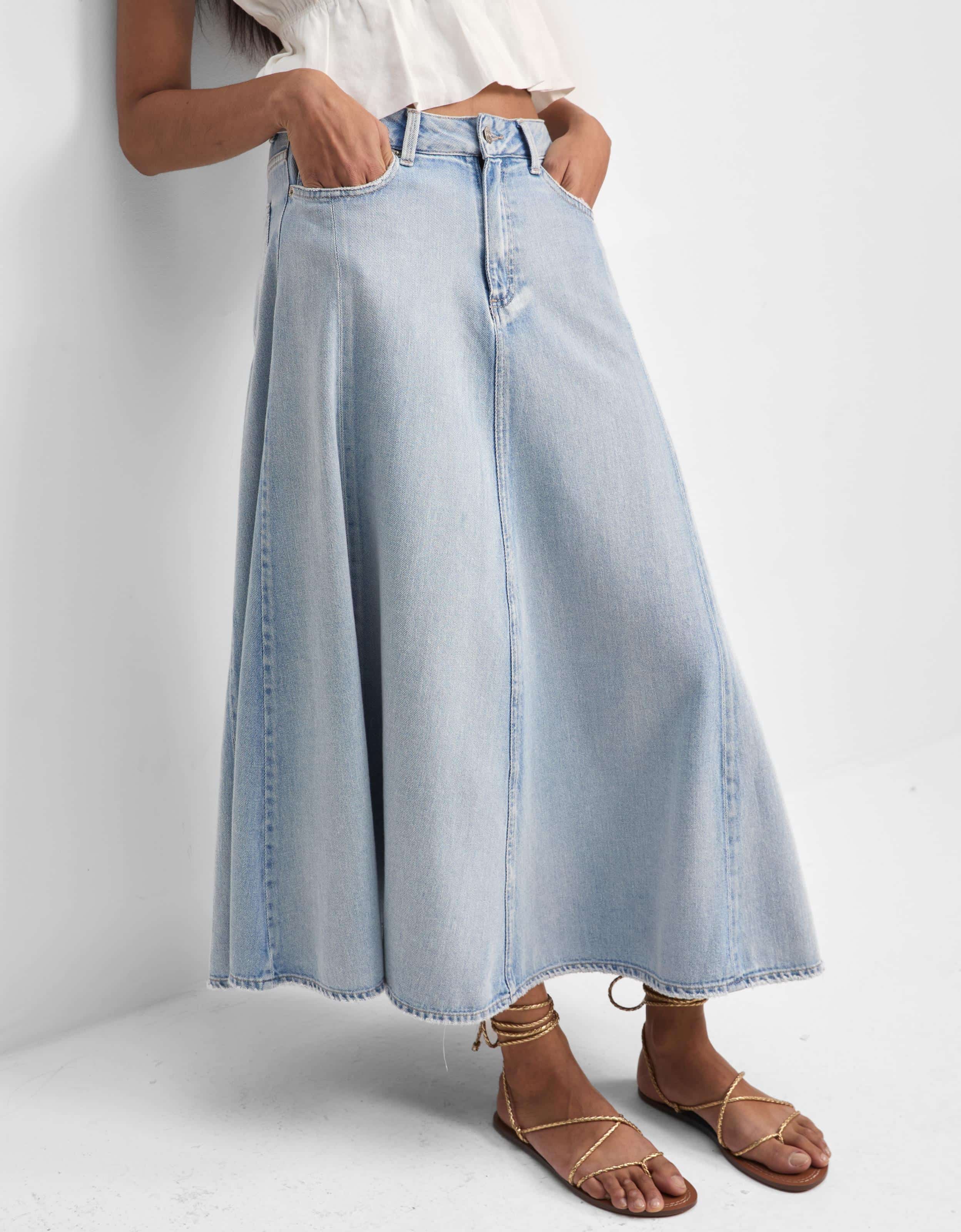 Saia Jeans Midi Recortes