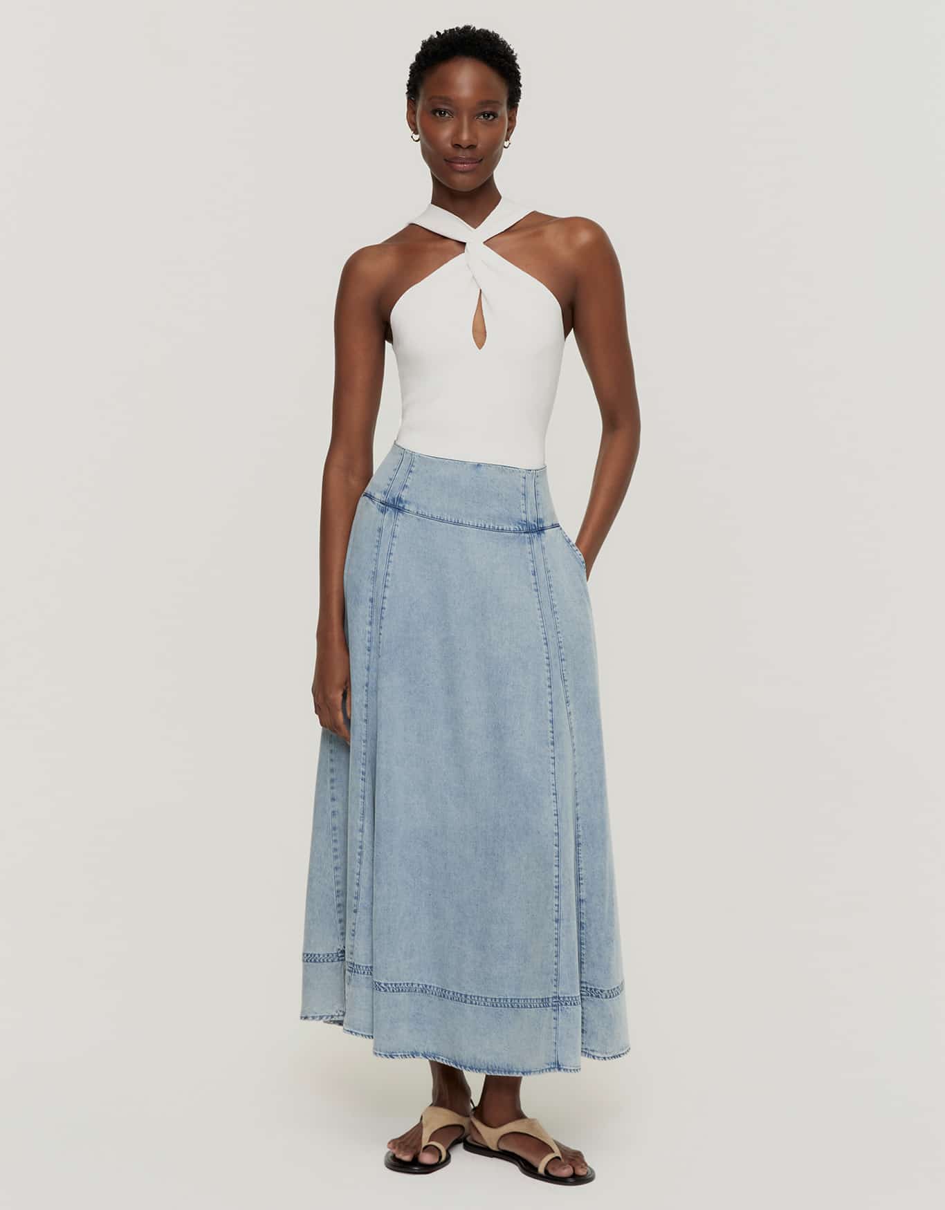 Saia Midi Pregas Liocel Jeans