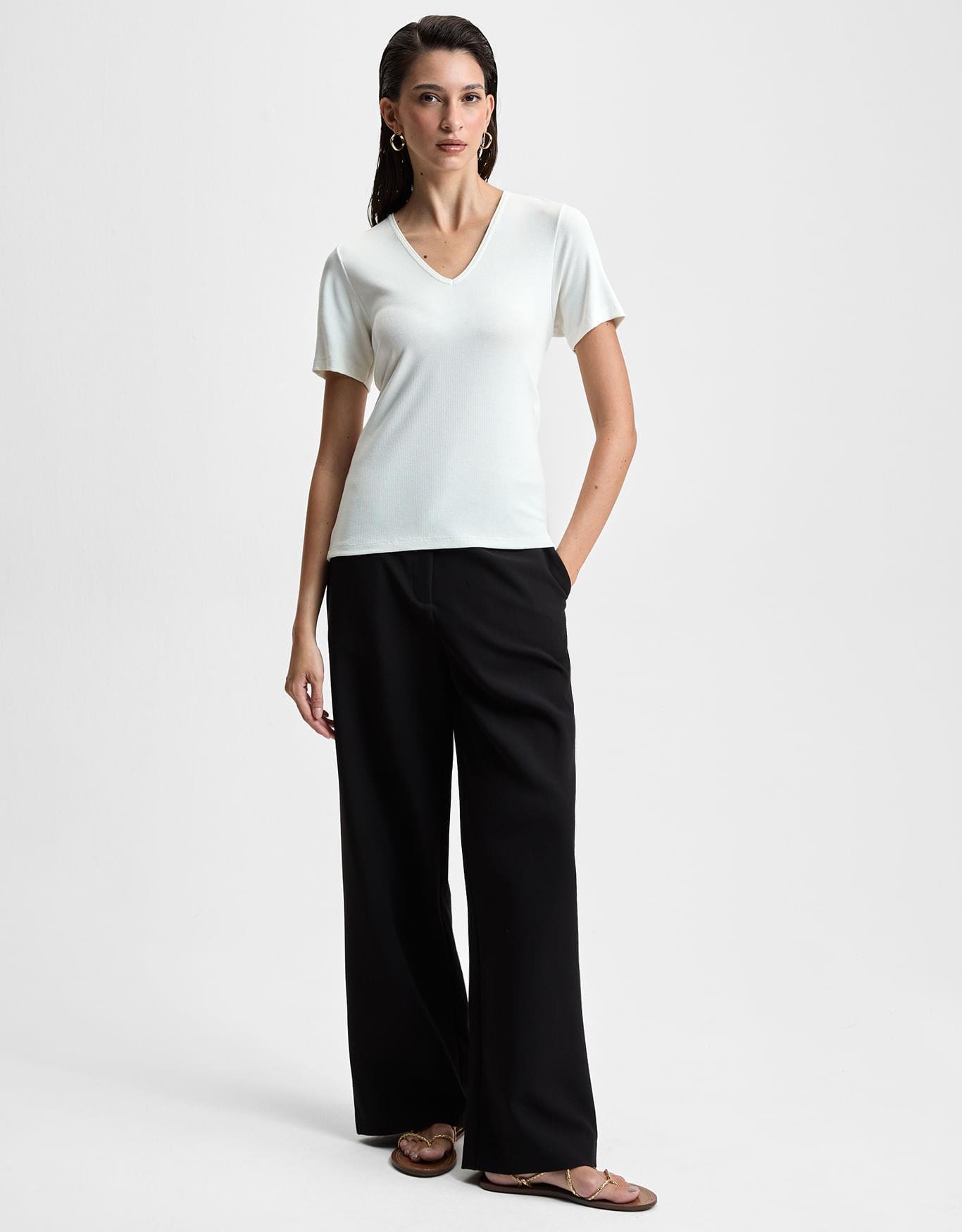 T-Shirt Canelada Decote v Off White