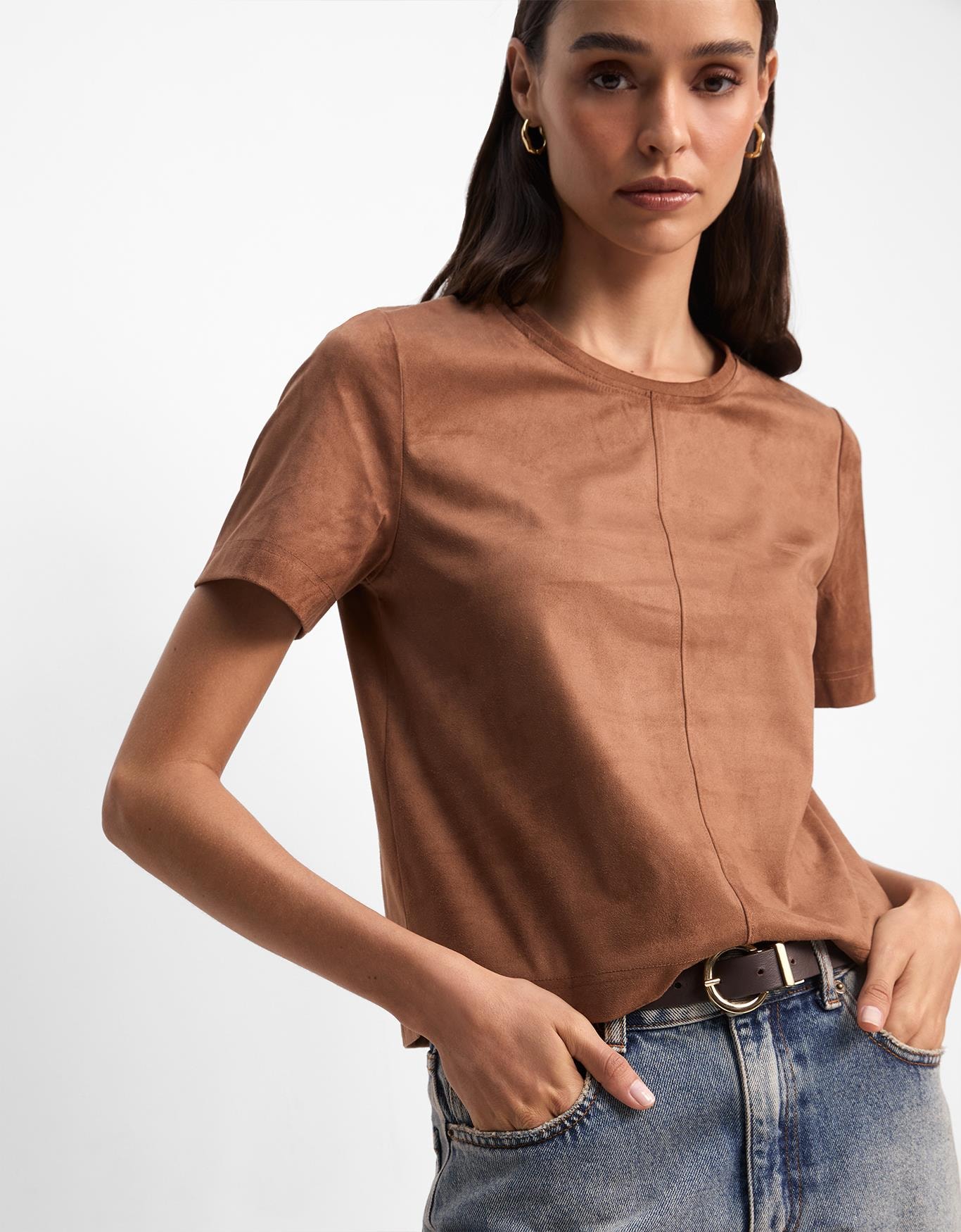 T-Shirt Suede Decote Careca Camel