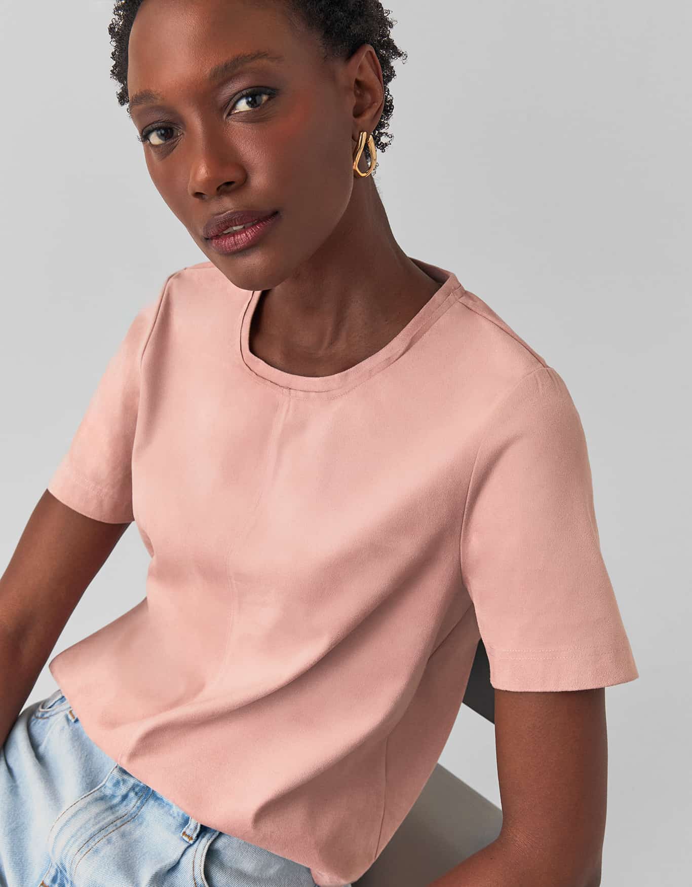 T-Shirt Suede Decote Careca Rosa