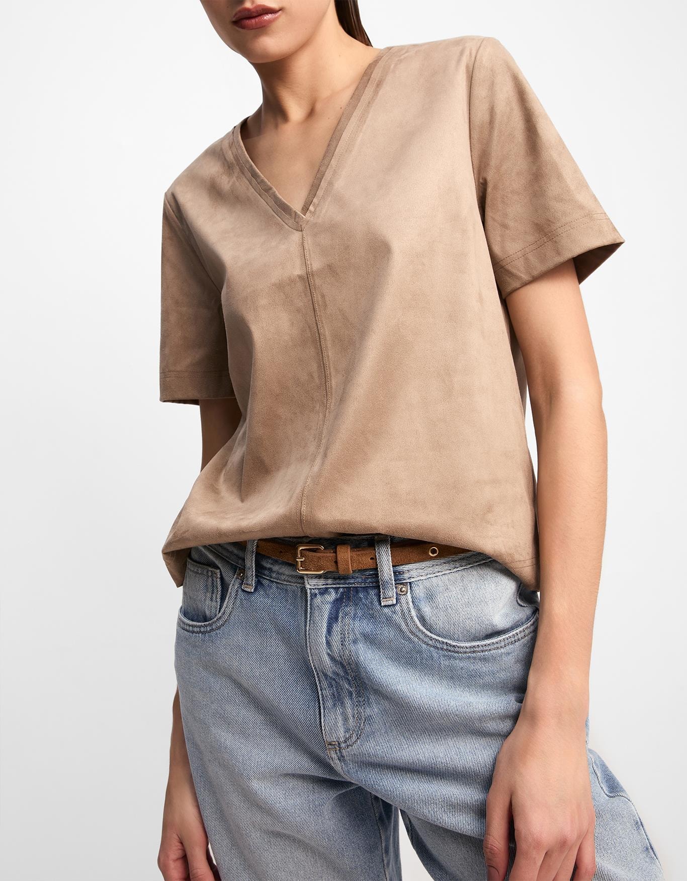 T-Shirt Suede Decote v Bege