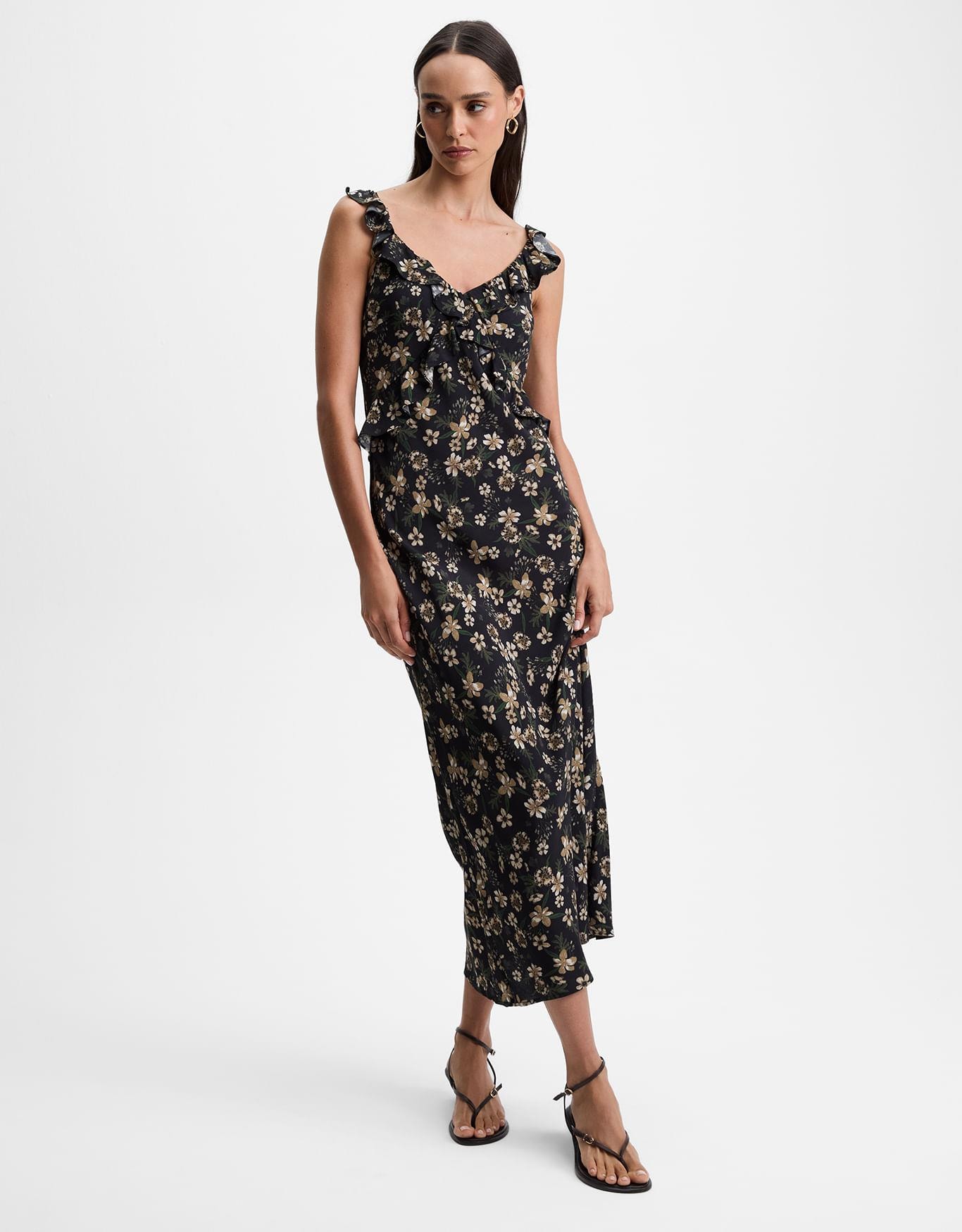 Vestido Alça Floral Botânico Neutro