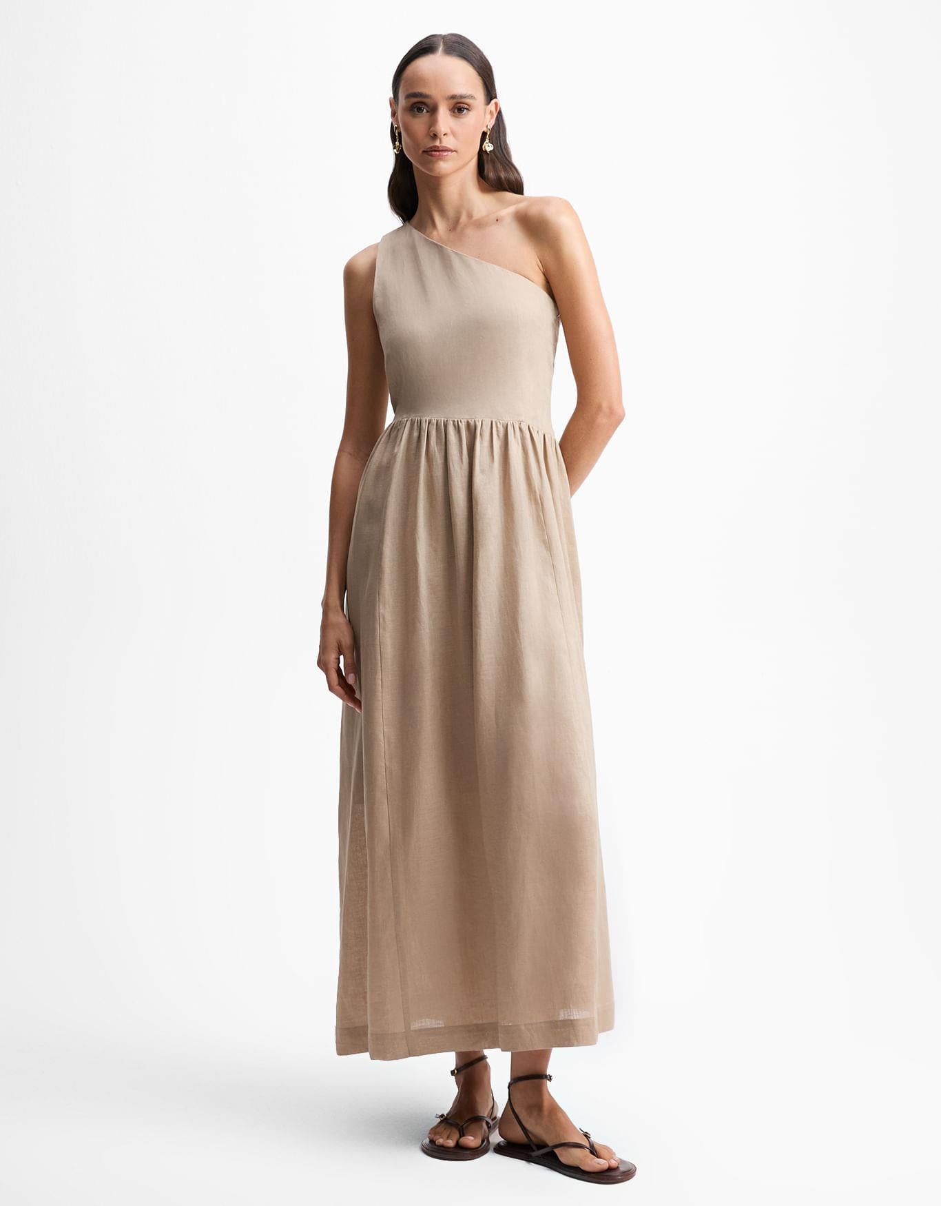 Vestido Linho Evasê Um Ombro Só