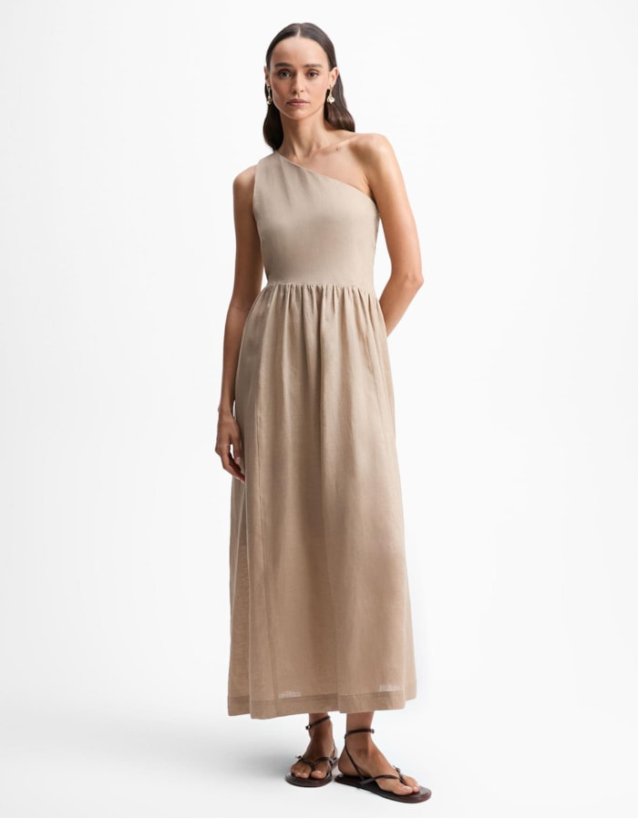 Shoulder — Vestido Linho Evasê Um Ombro Só