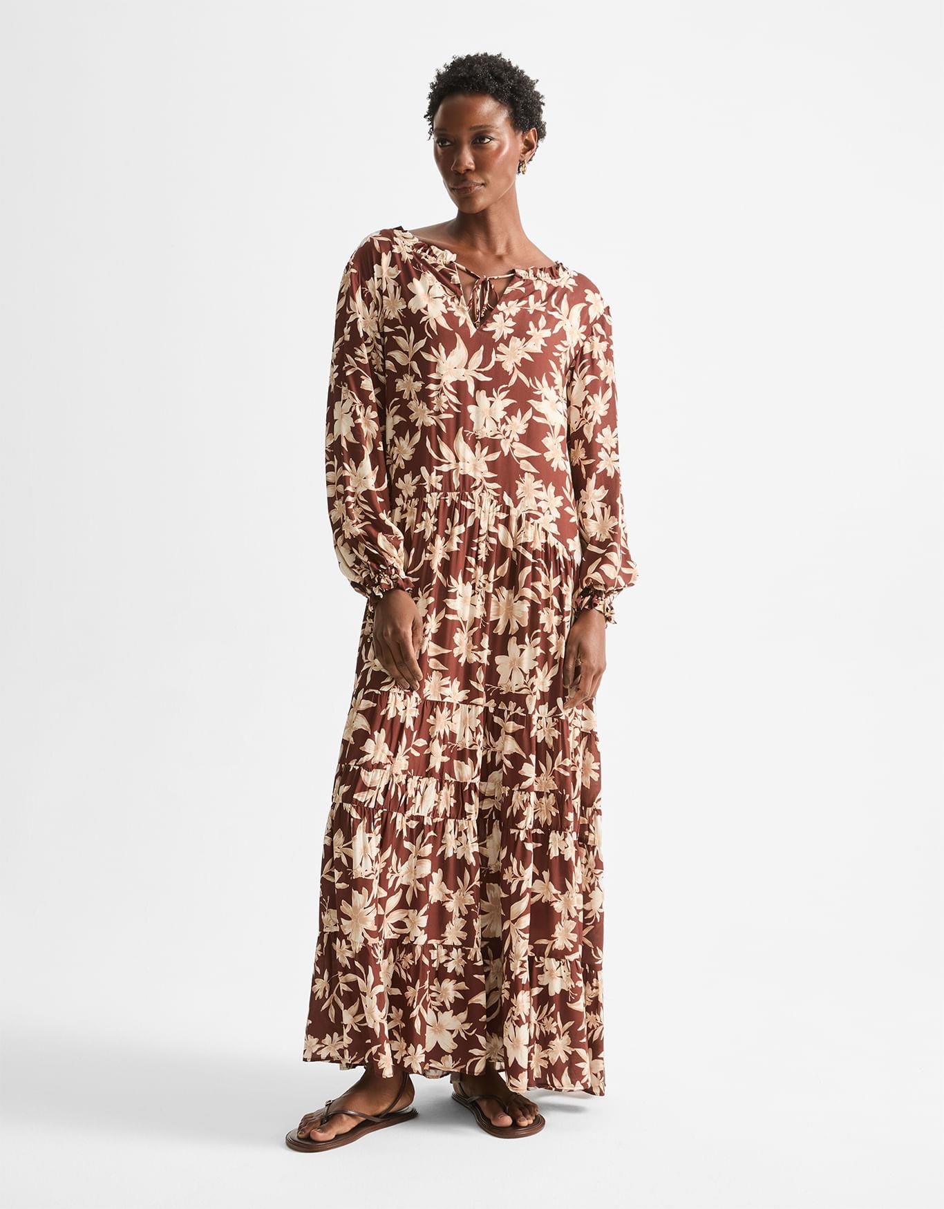 Vestido Longo Floral Conhaque