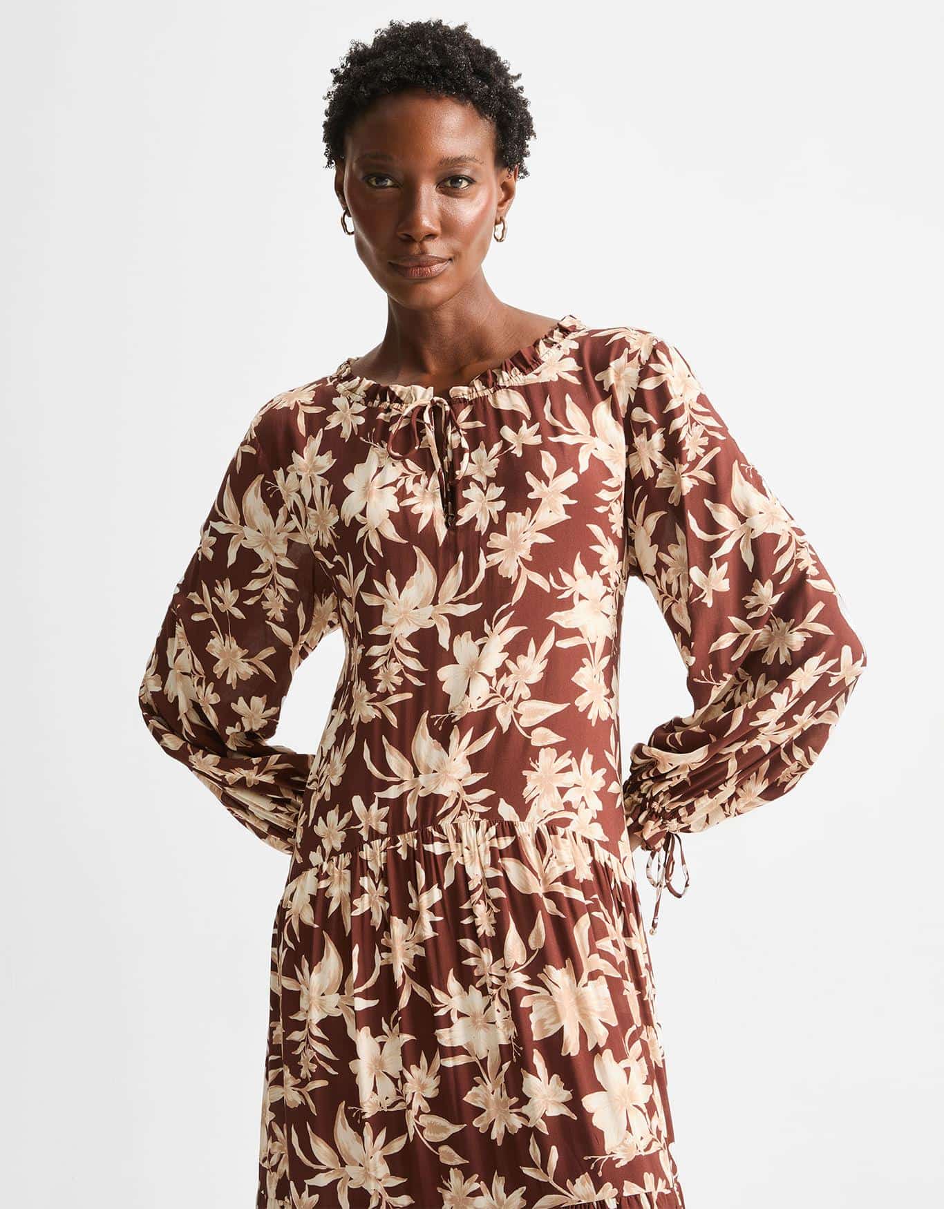 Vestido Longo Floral Conhaque