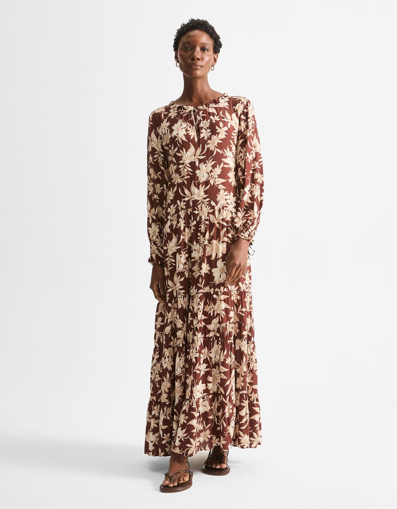 Vestido Longo Floral Conhaque