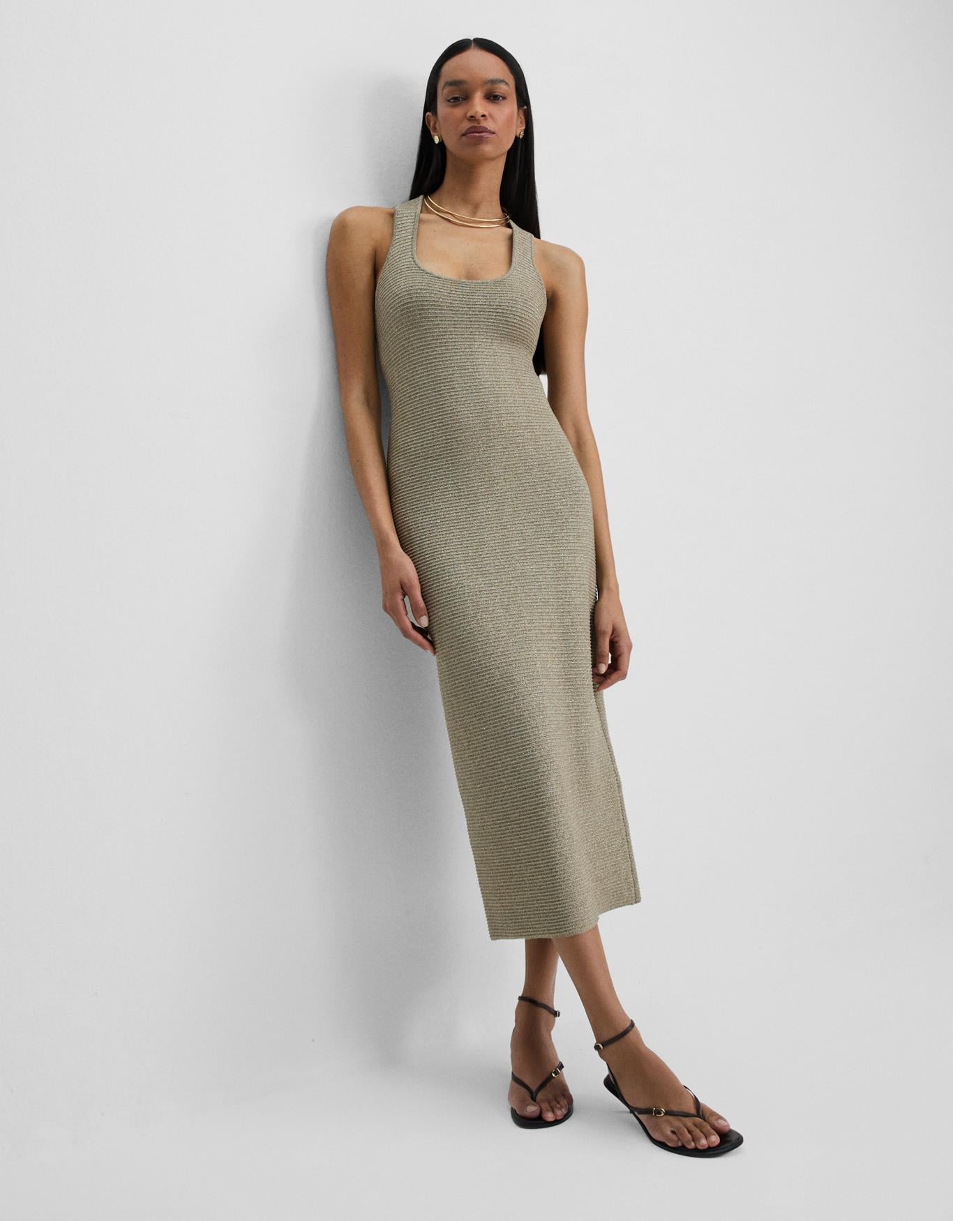 Vestido Tricot Canelado Dourado