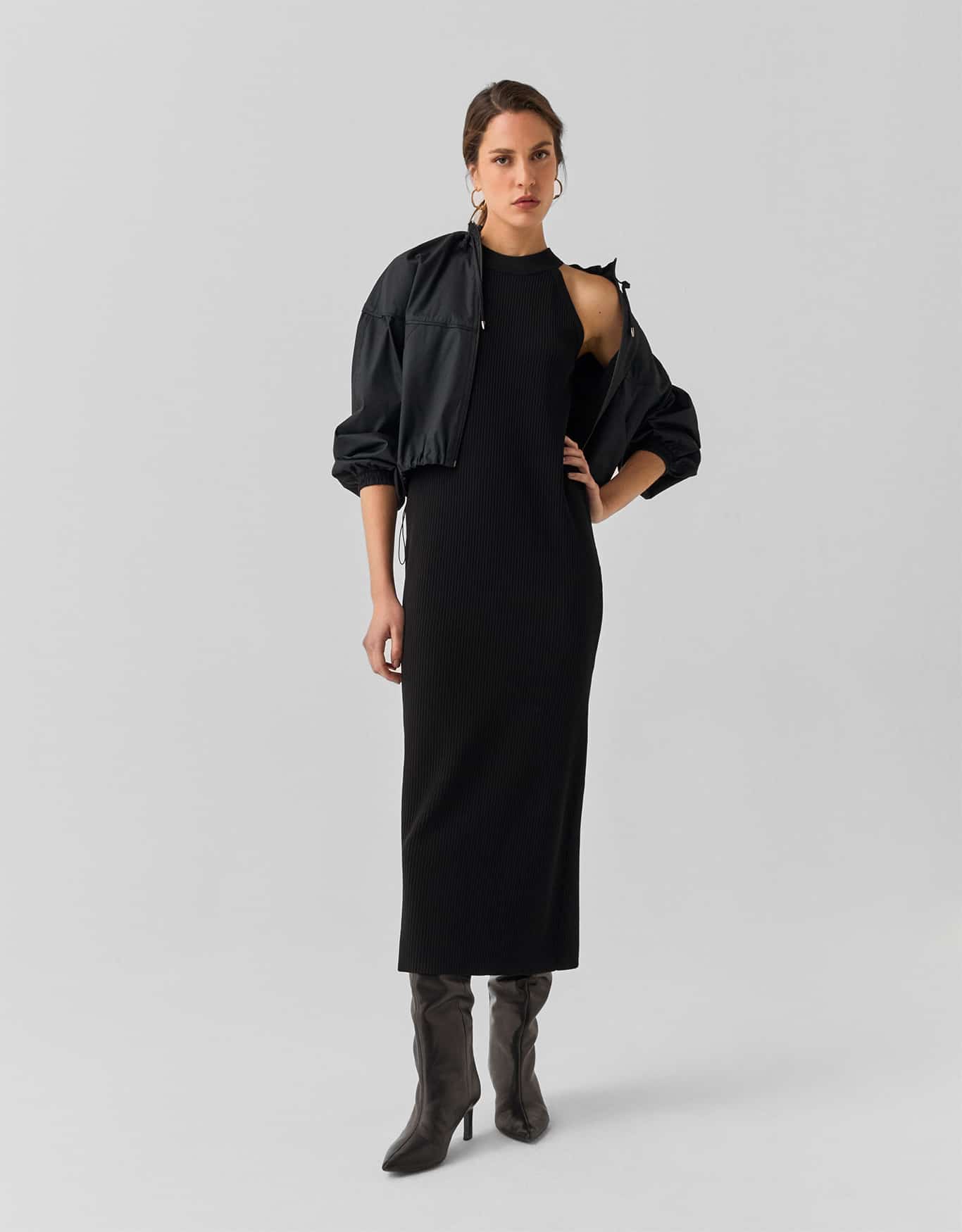 Vestido Tricot Canelado Gola Alta