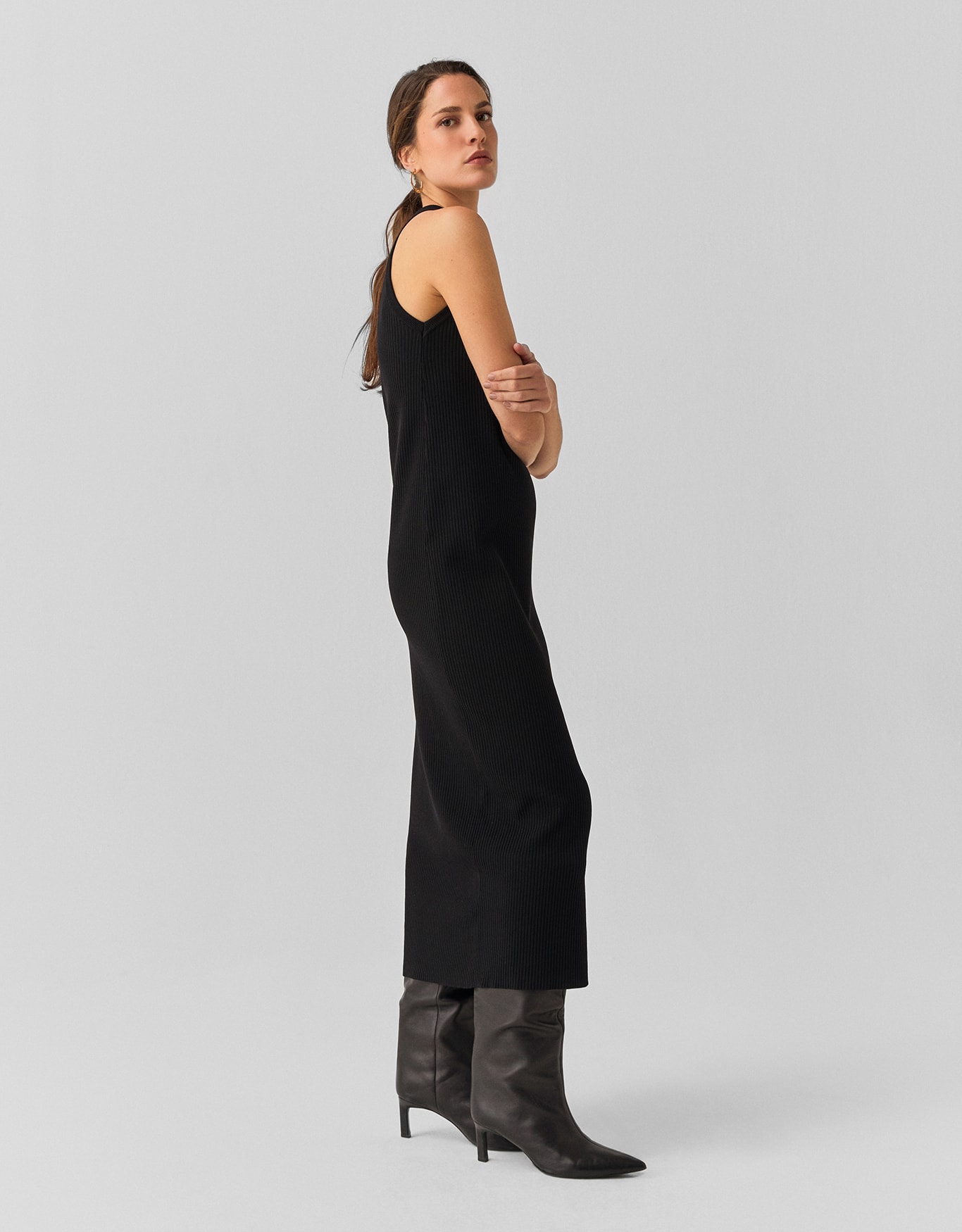 Vestido Tricot Canelado Gola Alta